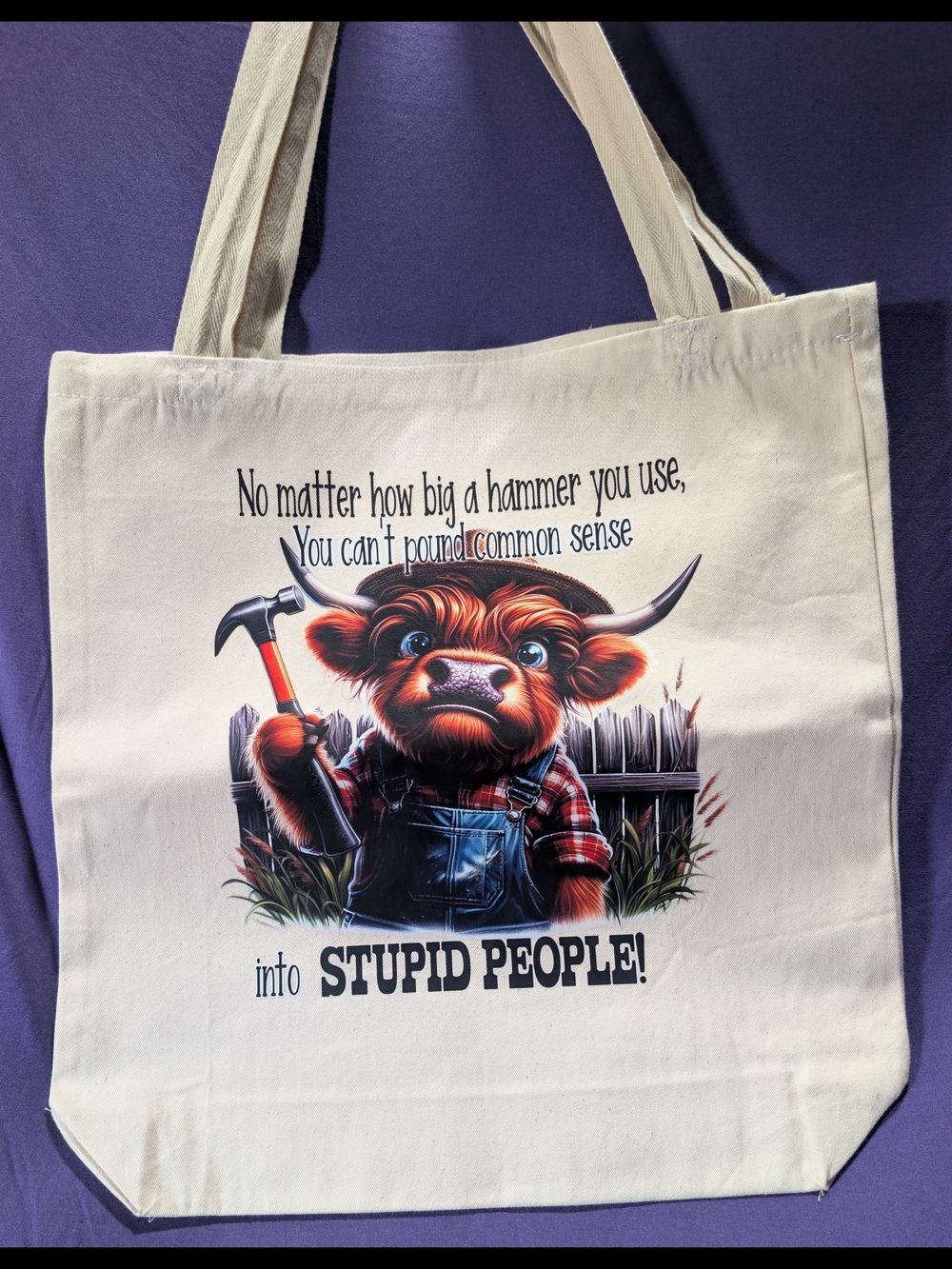 Funny Highland Cow Hammer Tote Bag - Cream Canvas